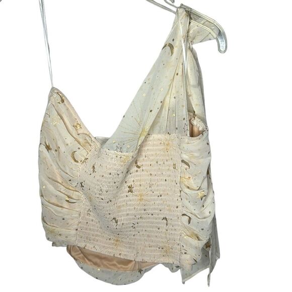 Torrid Stars Celestial Chiffon Foil Ruched One Shoulder Crop Top. Size 2. - Picture 4 of 10